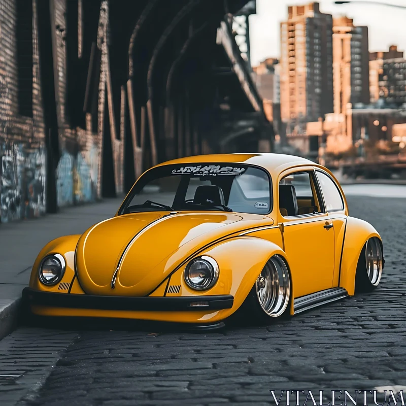 Classic Yellow Car on Cobblestone Street AI Image