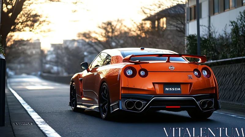 Rear View of Orange Sports Car at Sunrise AI Image