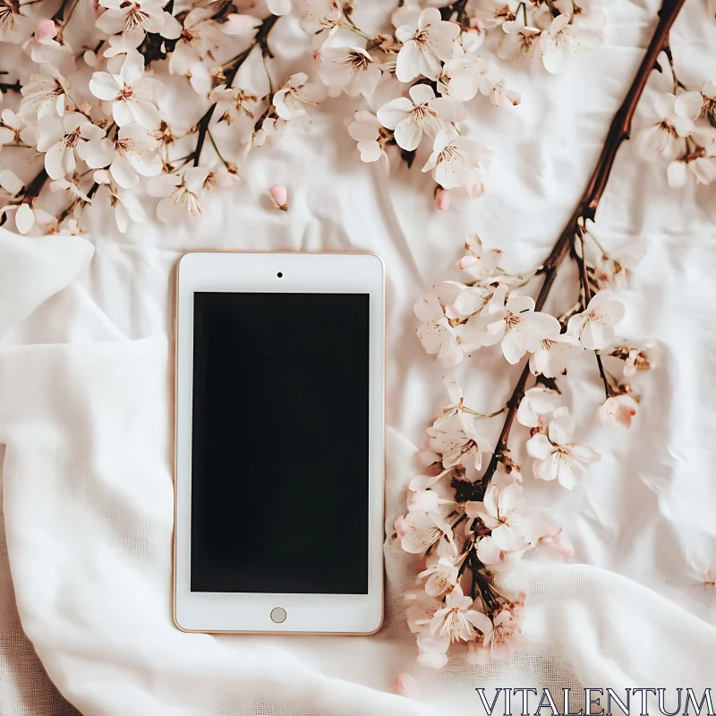 Tablet and Cherry Blossoms - Technology Meets Nature AI Image