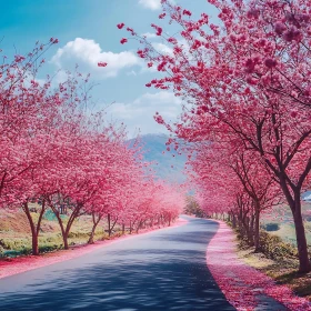 Serene Road Amidst Cherry Blossoms in Full Bloom