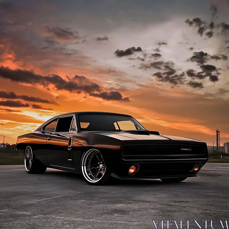 Sunset Elegance: Classic Black Muscle Car AI Image