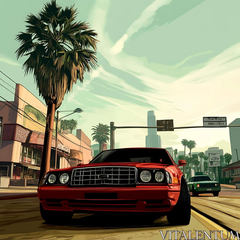 City Scene with Cars and Palm Trees AI Image