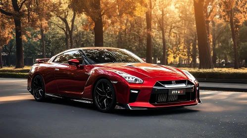 Luxurious Red Car in Fall Setting