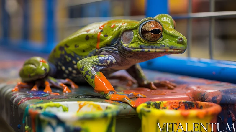 Green Tree Frog Amidst Colorful Paints: An Artistic Wildlife Scene AI Image