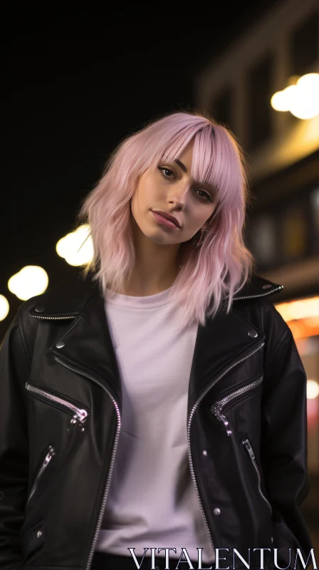 Hip Girl in Leather Jacket with Pink Hair | Street Pop Art AI Image
