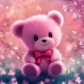 Cute Pink Teddy Bear in Flowering Field