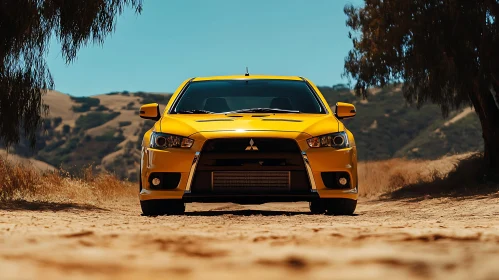 Bold Yellow Car in Rugged Landscape