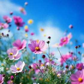 Field of Pink Cosmos Flowers Under Blue Sky