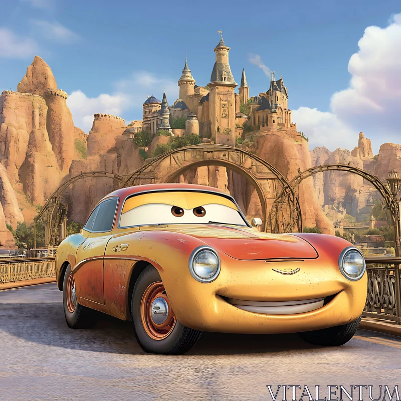 Animated Car and Enchanted Castle AI Image