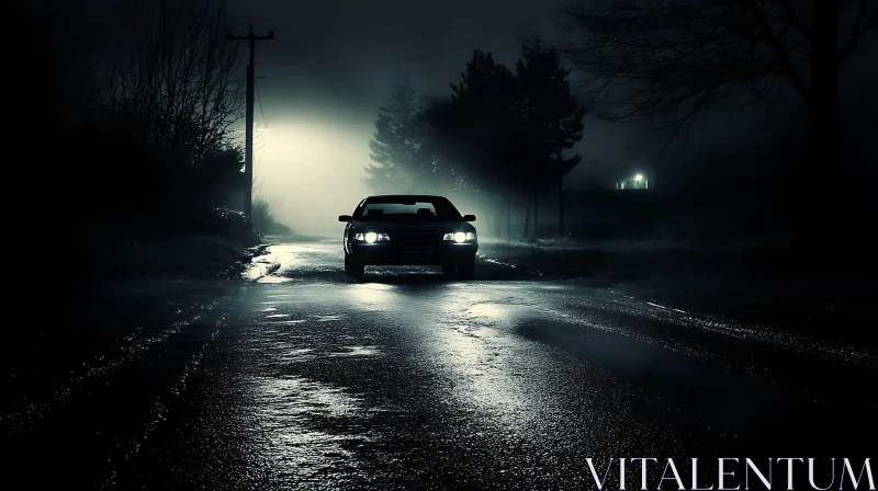 Mysterious Night Drive in Fog AI Image