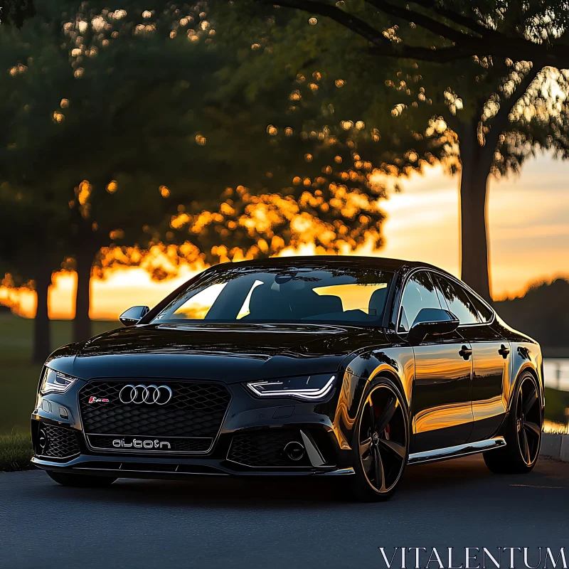 Elegant Black Audi Reflecting Sunset AI Image