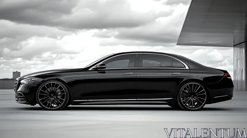 Sleek Black Luxury Sedan Against Cloudy Sky AI Image