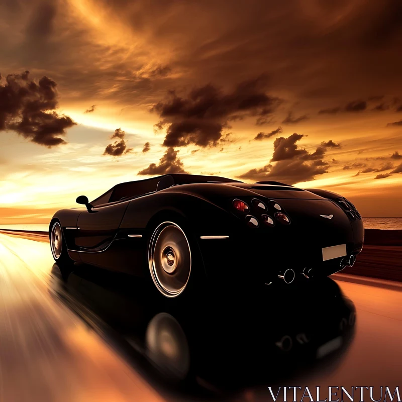 Luxury Black Car on Reflective Highway at Sunset AI Image