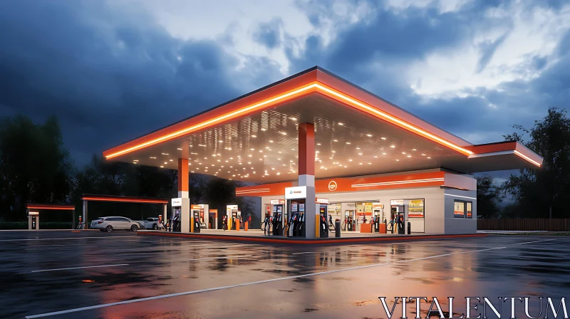 Illuminated Nighttime Gas Station AI Image