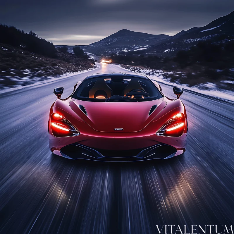 Nighttime Drive in a Red Supercar on Mountain Road AI Image