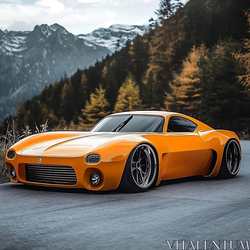 Luxury Orange Car in Mountainous Terrain AI Image