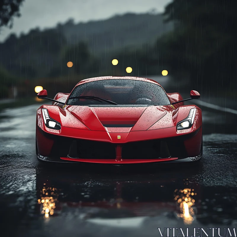 Elegant Red Car Under Rain AI Image