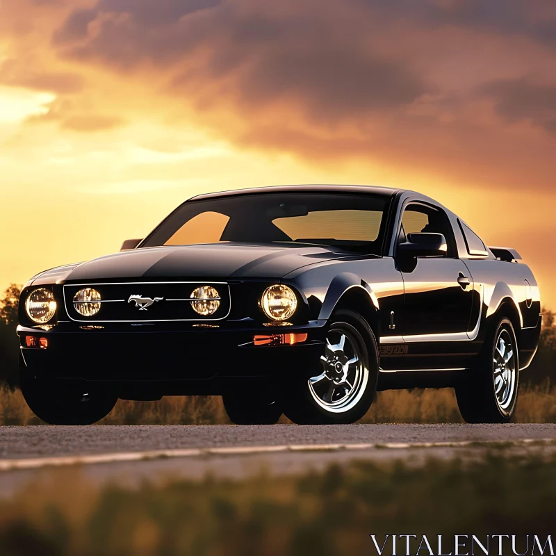 Sleek Black Muscle Car in Golden Hour AI Image