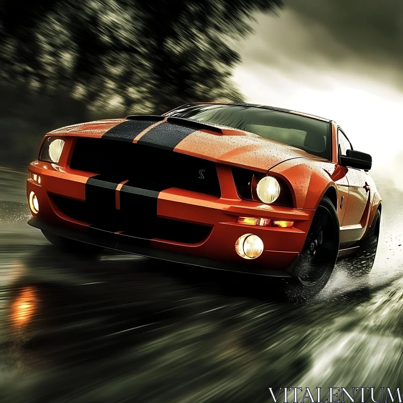 Classic Muscle Car in Rain at High Speed AI Image