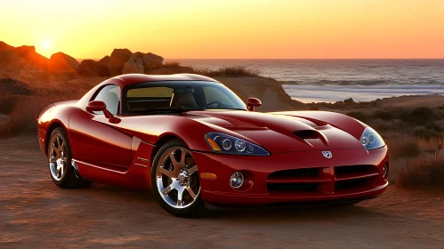 Luxurious Sports Car by the Ocean at Sunset