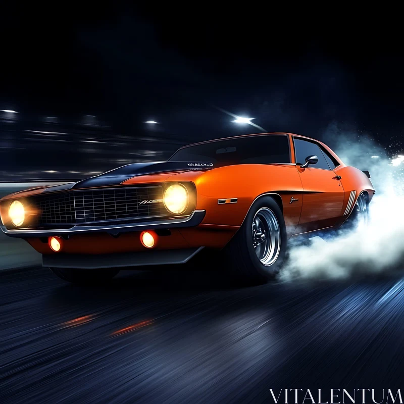 Retro Muscle Car Night Drift with Smoke and Headlights AI Image