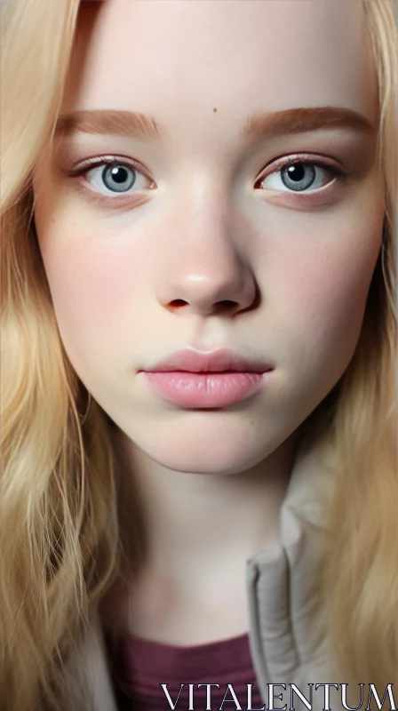 Intense Close-up Portrait of a Young Person with Blonde Hair and Blue Eyes AI Image