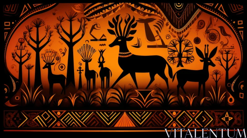 Intricate African Art Illustration with Deer and Pastoral Scenes AI Image