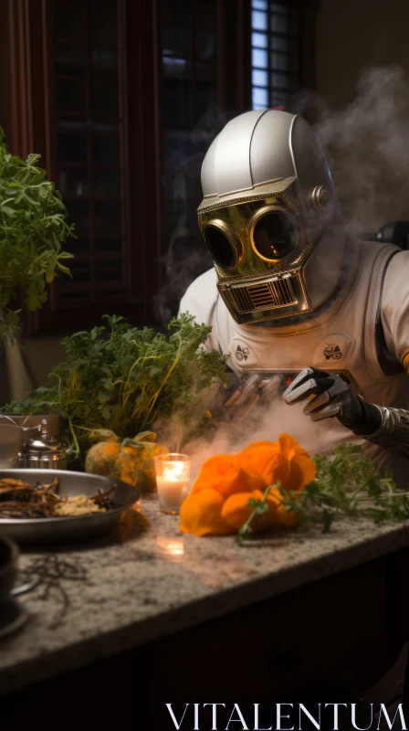 Robot Chef in a Suit: A Staged Kitchen Scene AI Image