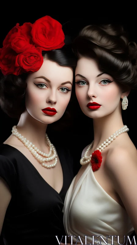 Stunning Stylized Portraiture: Two Women in Red Outfits with Pearl Jewelry AI Image