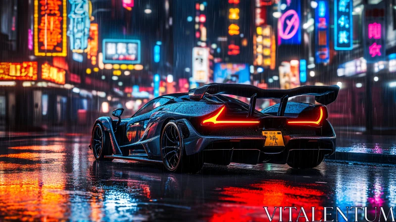 Neon Lit Supercar on Rainy Night Street AI Image