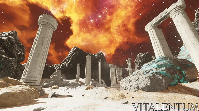 Mystical Ruins and Fiery Sky AI Image