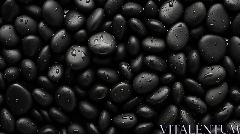 Black Pebbles with Water Droplets: An Organic and Fluid Aesthetic AI Image