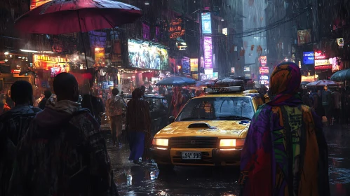 Urban Rainy Night with Neon Lights and Taxi