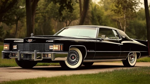 Classic Black Cadillac Car Amidst Greenery