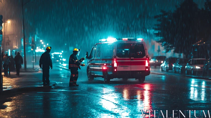 Rainy Nighttime Firefighters at Work AI Image