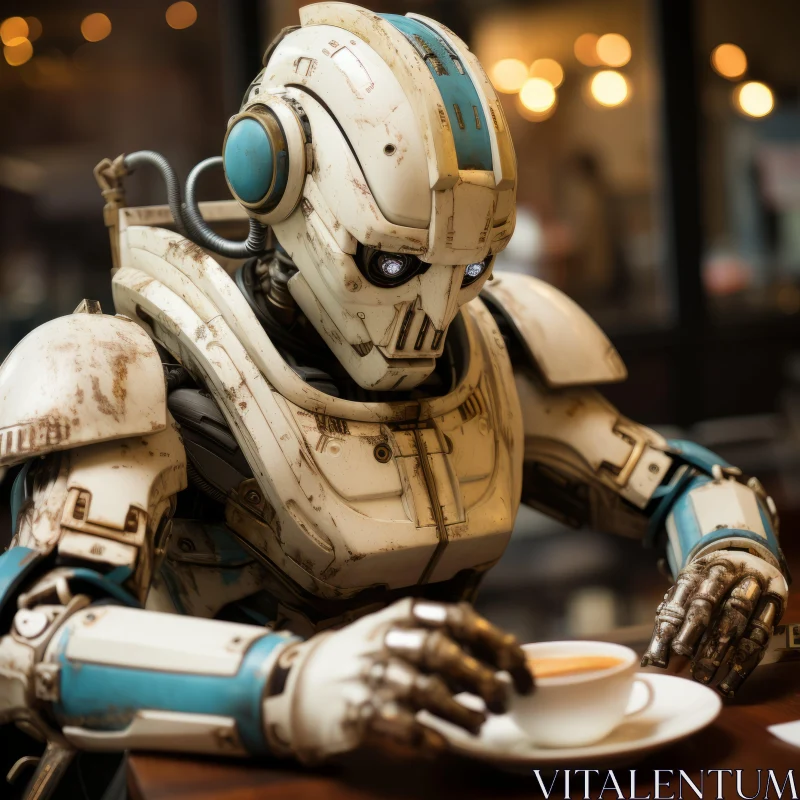 Steelpunk Robot Enjoying Coffee - Vintage Cinematic Look AI Image