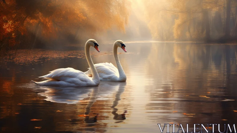 Two Swans in Autumn Lake - A Romantic Countryside Scene AI Image