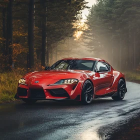 Red Sports Car on a Wet Road in Forest