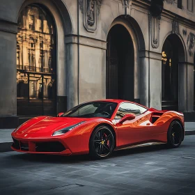 Luxury Red Sports Car Against Historic Backdrop