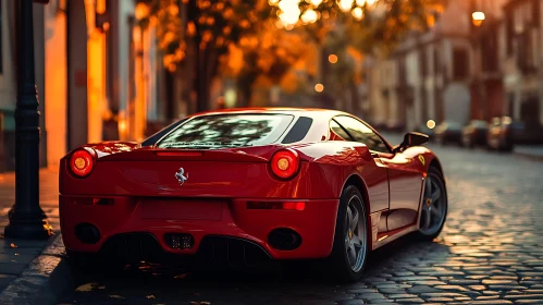 Red Sports Car in Urban Setting During Sunset