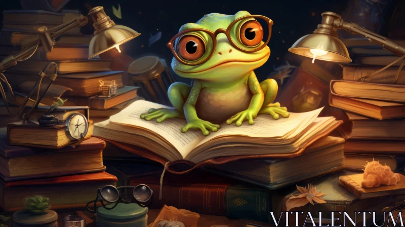 Adorable Frog in Glasses on Book - Digital Art Illustration AI Image