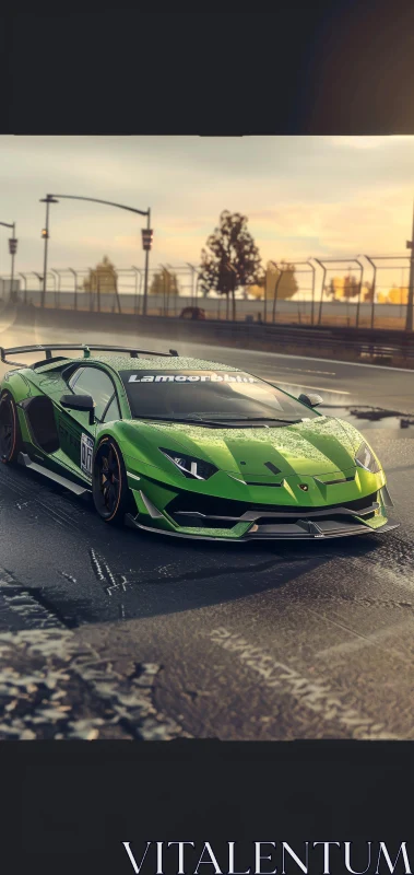 Green Supercar with Aerodynamic Design at Sunrise Green Supercar with Aerodynamic Design at Sunrise