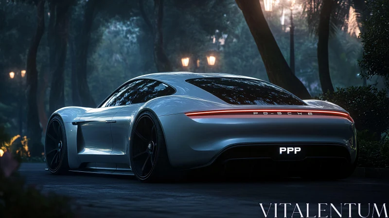 Luxury Car Parked on a Forest Road at Night Luxury Car Parked on a Forest Road at Night
