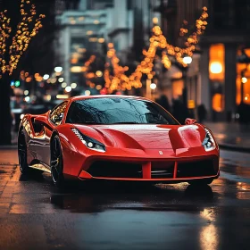 Luxurious Red Sports Car on a Festive City Street