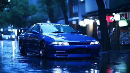 Urban Night Scene with Blue Sports Car