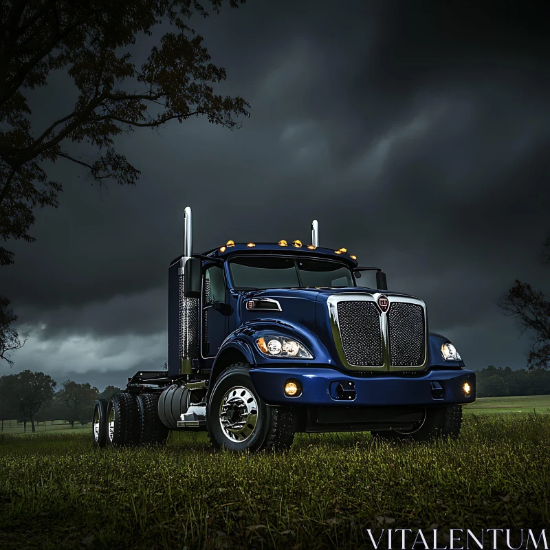 Blue Truck in Field Under Stormy Sky Blue Truck in Field Under Stormy Sky