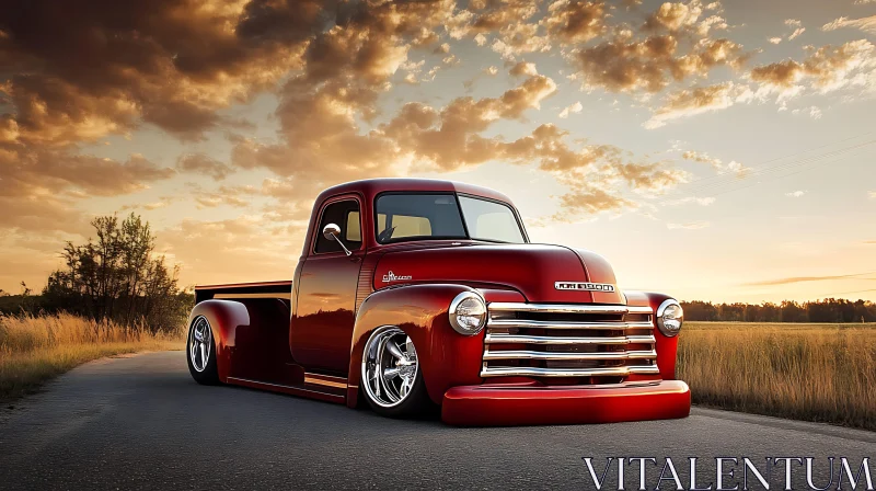 Vintage Red Truck Shines in Sunset Glow Vintage Red Truck Shines in Sunset Glow