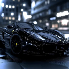 Elegant Black Sports Car in Nighttime Cityscape