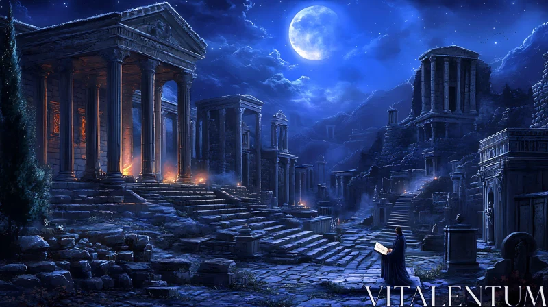 Ancient Ruins under Moonlit Sky