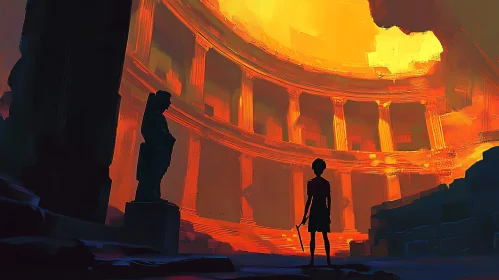 Grand Ancient Ruins with Child Silhouette